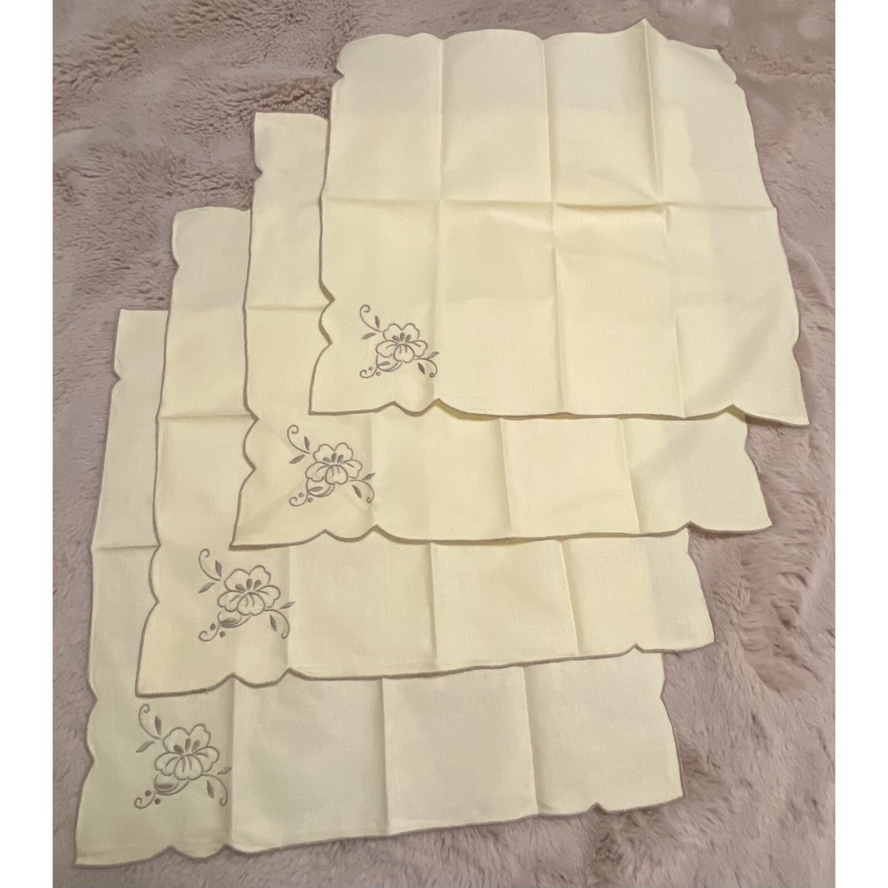 Lot (4) Vintage Cloth Linen Table Napkins 15" Square Floral Embroidered New